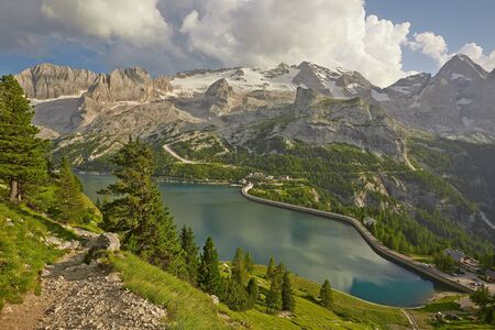 Mountain landscape with water reservoirの写真素材
