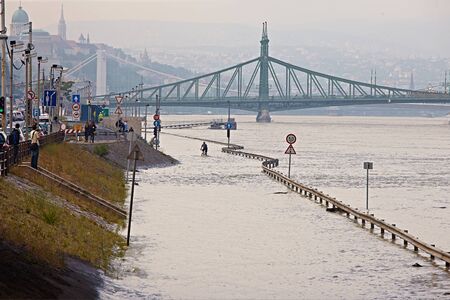 Flooded street n Budapest with traffic signの写真素材