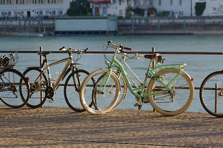 Bicycle by the riverside quayの写真素材