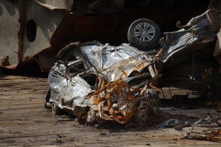 Wrecked car with crashed shapeの写真素材