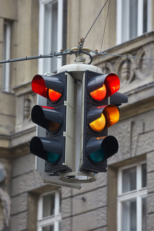 Overhead traffic light showing red
