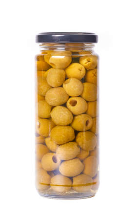Olives in a jar isolated on a white backgroundの写真素材