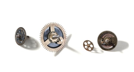 Clockwork cogwheels on a white backgroundの写真素材