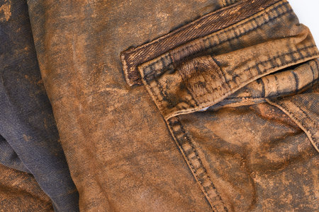 Torn and dirty working trousers covered in mud and clay, back sideの写真素材