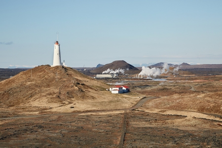Old White Lighthouse on a hillの写真素材