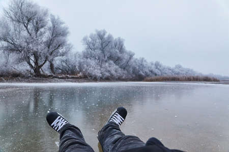 Skating on a lakeの写真素材