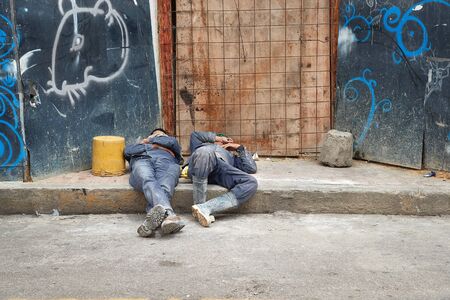 Workers sleeping on a construction siteのeditorial素材
