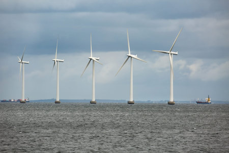 Offshore wind turbines at the sea in Copenhagen, Denmark