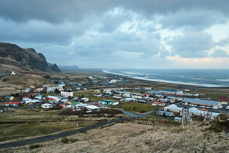 Town of Vik in Iceland getting dark after sunset