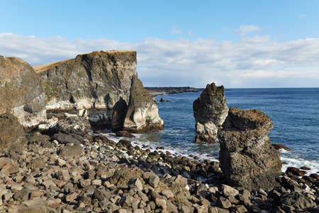 Icelandic coast eroding to the ocean in Reykjanesの写真素材