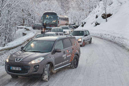 Road car congestion after snowfall in the Alpsのeditorial素材