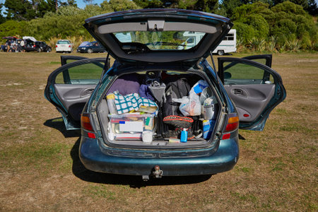 Car trunk with stuff for campingの写真素材
