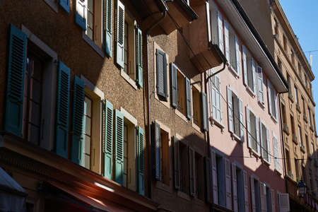 Townhouses in old town Vevey, Switzerlandの写真素材