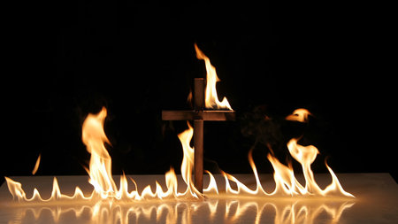 Fire around a burning cross symbolの写真素材