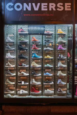 New shoes showcased in a shop window diplayのeditorial素材