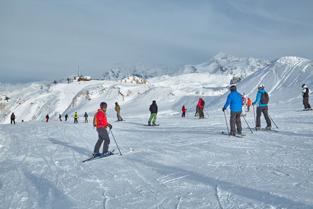 Skiing slopes with skiersのeditorial素材