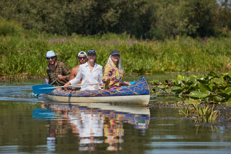 Canoeing on a lakeの写真素材
