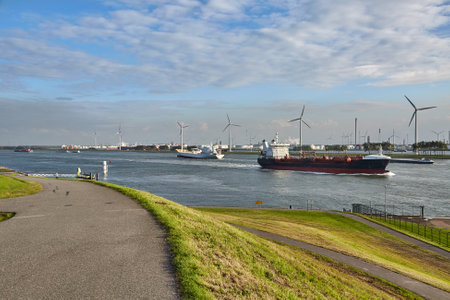 Industrial ship leaving Rotterdamの写真素材