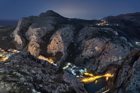Nigh mountain landscape in Omis, Croatiaの写真素材