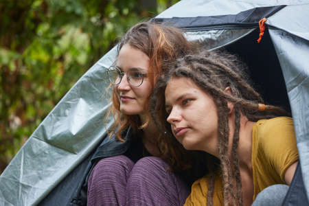 Women in the tent doorの写真素材