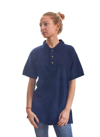 Girl in T-shirt white background isolatedの写真素材