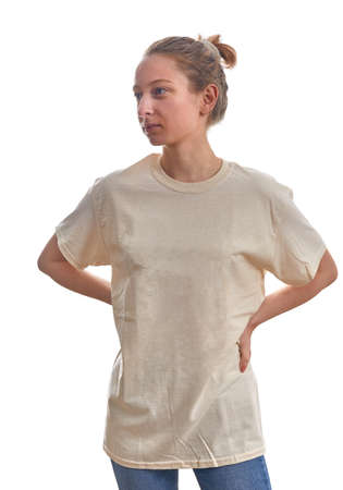 Girl in white T-shirt background isolatedの写真素材