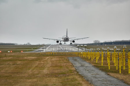 Plane landing on runwayの写真素材