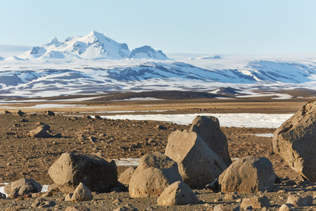 Iceland landscape with snow on mountainsの写真素材