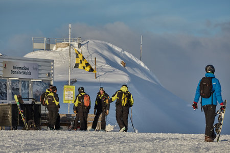 Skiing slopes with skiersのeditorial素材