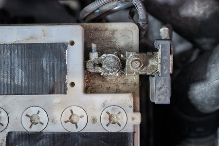 Old starter battery in a carの写真素材