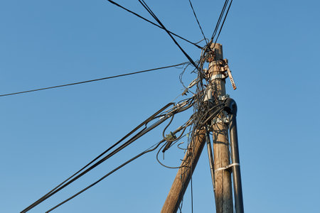 Electric lines post many wiresの写真素材