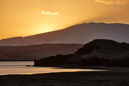 Sunset with Lake and Hilly Landscapeの写真素材