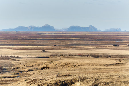 Iceland landscape with farmlandsの写真素材
