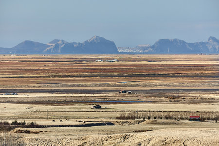 Iceland landscape with farmlandsの写真素材
