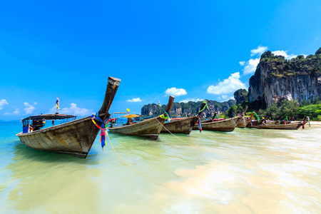 Long tail boats at Railay Beach, Krabi , Thailandの写真素材