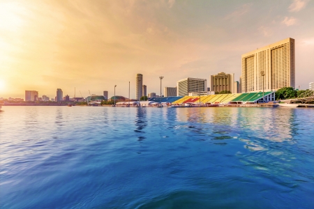 Skyline of Singapore city view  from the river at the  sunset time のeditorial素材