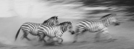 Zebras are running in the dust in motion. Kenya. Tanzania. National Park. Serengeti. Masai Mara. An excellent illustration.の写真素材