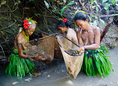 MENTAWAI PEOPLE, WEST SUMATRA, SIBERUT ISLAND, INDONESIA - 16 NOVEMBER 2010: Women Mentawai tribe fishing.のeditorial素材