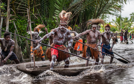 INDONESIA, IRIAN JAYA, ASMAT PROVINCE, JOW VILLAGE - JUNE 12: Warriors Asmat tribe are use...