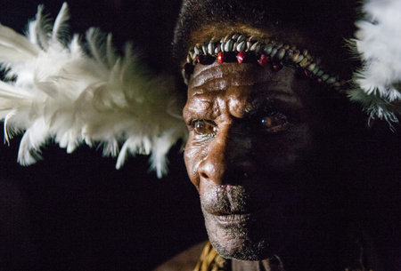 INDONESIA, IRIAN JAYA, ASMAT PROVINCE, JOW VILLAGE - JUNE 12: Portrait of a Warrior Asmat tribe in...