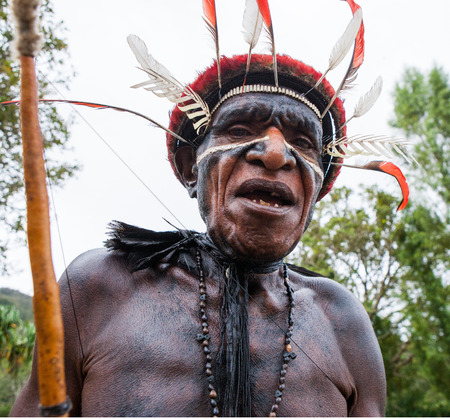DANI VILLAGE, WAMENA, IRIAN JAYA, NEW GUINEA, INDONESIA - 15 MAY 2012: Portrait of Dani tribe in a beautiful headdress made of feathers.のeditorial素材