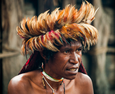 DANI VILLAGE, WAMENA, IRIAN JAYA, NEW GUINEA, INDONESIA - 15 MAY 2012: Portrait of Dani tribe in a beautiful headdress made of feathers.のeditorial素材