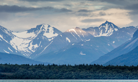Stunning views from the sea to the mountains and forests in the fjords of Alaska. Alaska. USA. An excellent illustration.の写真素材