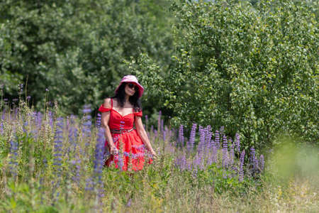 A girl in a pink hat, glasses and a red dress in a meadow among the flowers meadow of lupins. summer outdoor recreation.の写真素材