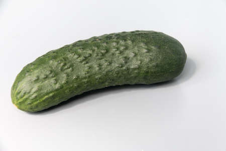 Ripe and beautiful green cucumber on a gray background. Vegetarian food. close-up.の写真素材