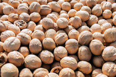 background from walnuts. Sale of walnuts at the farmers' market. The high content of vitamins and microelements in walnuts nourishes the body and restores strength, and also improves immunity.の写真素材