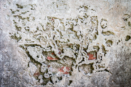Texture of rough gray-pink cement plaster with holes, cracks and bricks. texture. background.の写真素材