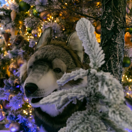 Toy wolf on the background of an artificial forest and snow. Christmas and New Year concept.の写真素材