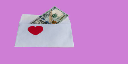 One hundred dollars sticking out of an envelope with a red heart on a purple background and copy...