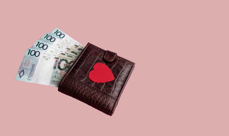 Brown leather wallet with red heart. Belarusian hundred-ruble bills stick out of the wallet. With...